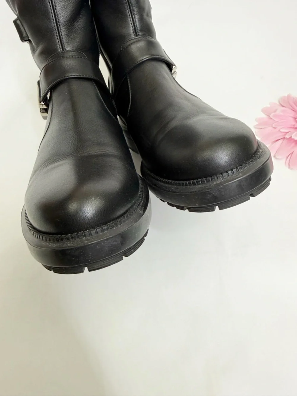 Aquatalia Lillie Moto Leather Ankle Boots Buckle Black Silver